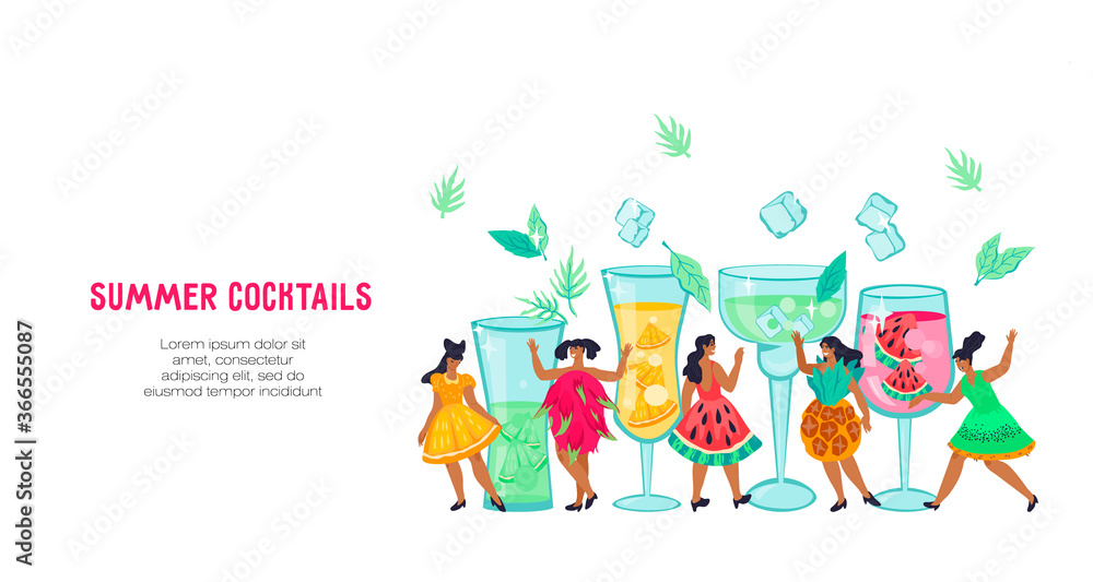 Obraz premium Poster or banner design for cocktail party and beach bar with girls characters in costumes in tropical fruit shape. An invitation to a cocktail bar or lounge party. Flat vector illustration.