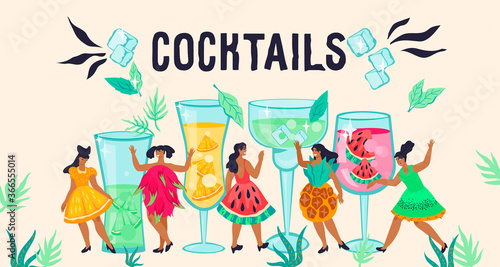 Banner for cocktail party and bar decoration with fancy women characters among huge fruit beverages. Summer party  poster or site interface flat vector illustration.