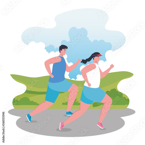 couple running outdoor  woman and man in sportswear jogging in the park
