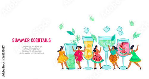 Poster or banner design for cocktail party and beach bar with girls characters in costumes in tropical fruit shape. An invitation to a cocktail bar or lounge party. Flat vector illustration. © Мария Гисина