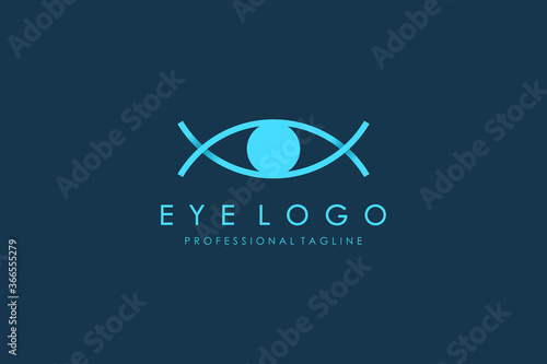 Abstract Fish Eye Logo. Blue Line Infinity Double Fish Symbol with Eyeball inside isolated on Blue Background. Usable for Business and Technology Logos. Flat Vector Logo Design Template Element