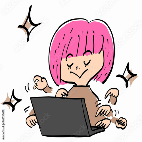 てきぱきとPC作業をするピンクおかっぱ