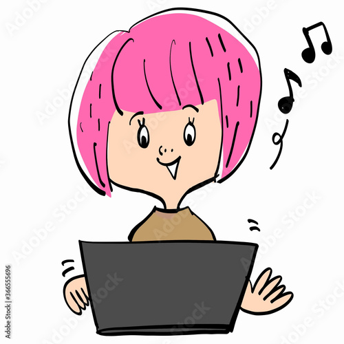 楽しそうなPC作業のピンクおかっぱ