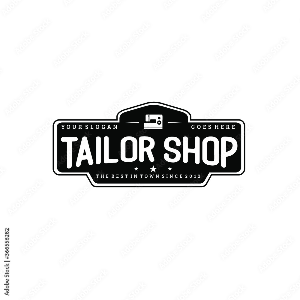 Tailor shop logo vector illustration in black geometric frame with ...