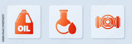 Set Oil petrol test tube, Canister for motor machine oil and Industry metallic pipes and valve. White square button. Vector.