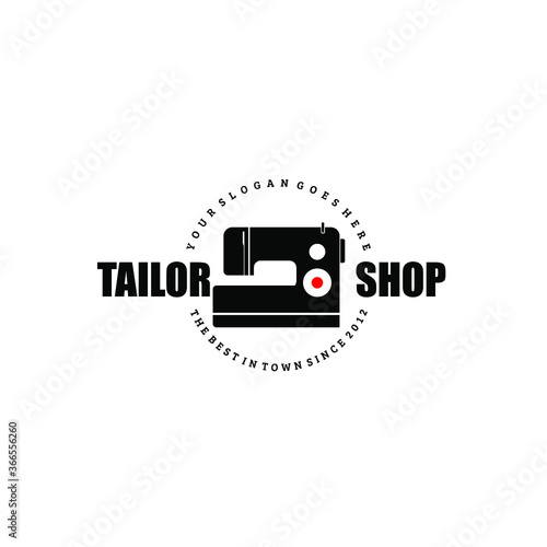 Tailor shop logo vector illustration with modern sewing machine silhouette and rounded text isolated on white background suit for tailor shop theme