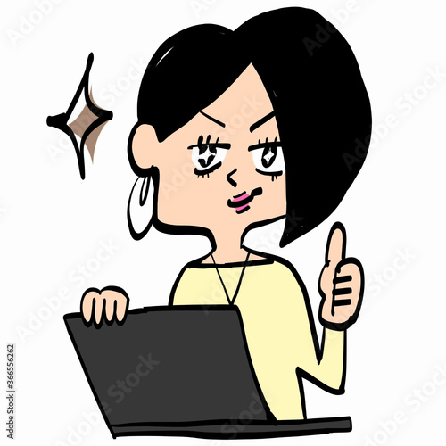 ノートPCの前でポーズを決めるアシメボブ