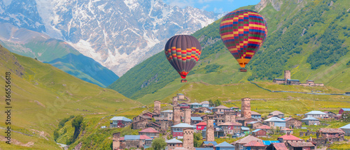 Hot air balloon flying over Ushguli - Mount Shkhara - Hot air balloon flying over Ushguli village - Upper Svaneti, Georgia