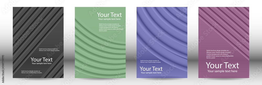 Fototapeta premium Cover designs set. Background with abstract volumetric gradient of linear waves, fabric folds for creating a trendy banner, poster.