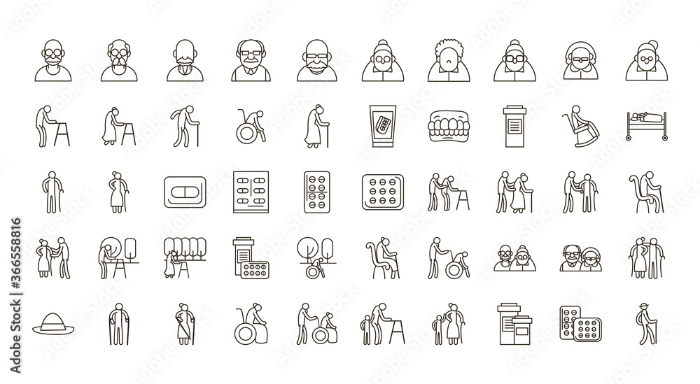 Grandmothers and grandfathers line style icon set vector design Grandmothers and grandfathers line style icon set vector design