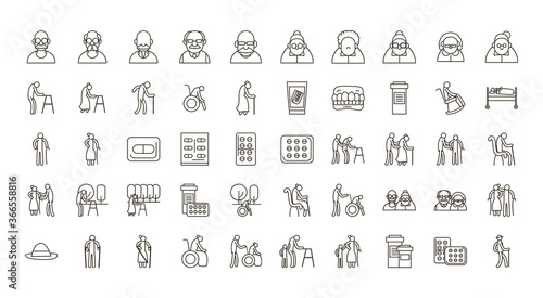 Grandmothers and grandfathers line style icon set vector design