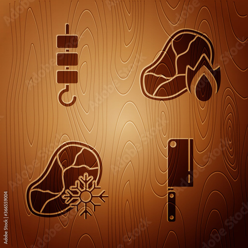 Set Meat chopper, Grilled shish kebab on skewer stick, Fresh frozen steak meat and Grilled steak meat and fire flame on wooden background. Vector.