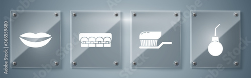 Set Enema pear, Toothbrush with toothpaste, Teeth with braces and Smiling lips. Square glass panels. Vector.