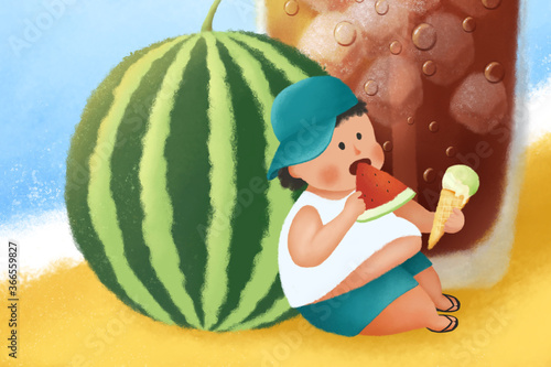 Summer illustration. A fat boy is eating watermelon and ice cream beside a big cold drink on the beach. photo