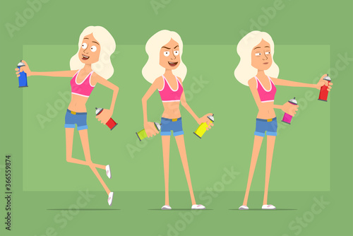 Cartoon flat funny sport woman character in shirt and jeans shorts. Girl standing and working with spray paint can. Ready for animation. Isolated on green background. Vector set.