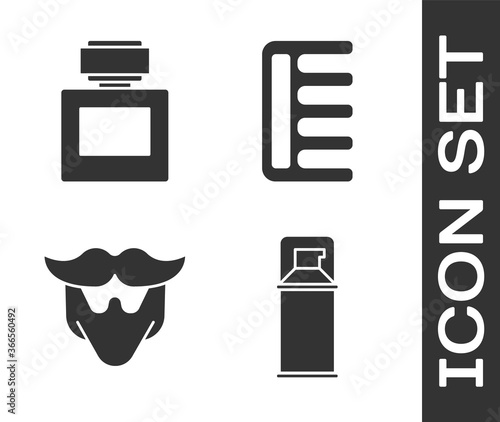 Set Shaving gel foam, Aftershave, Mustache and beard and Hairbrush icon. Vector.