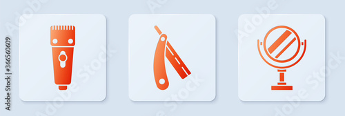 Set Straight razor, Electrical hair clipper or shaver and Round makeup mirror. White square button. Vector.
