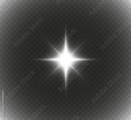 
White glowing light explodes on a transparent background. Bright Star. Transparent shining sun, bright flash. Vector graphics.