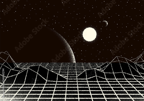 Retro dotwork landscape with 80s styled laser grid, planet, sun and stars background from old sci-fi book or poster