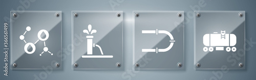 Set Oil railway cistern, Industry pipe, Oil pump or pump jack and Molecule oil. Square glass panels. Vector.