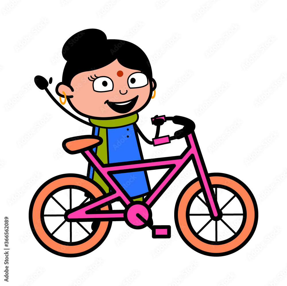 Cartoon Indian Lady with Bicycle Cartoon Indian Lady with Bicycle