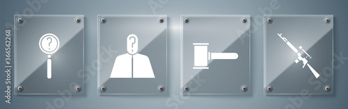 Set Sniper rifle with scope, Judge gavel, Anonymous with question mark and Magnifying glass with search. Square glass panels. Vector.