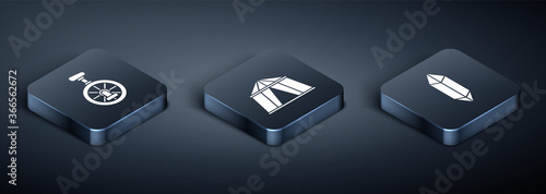 Set Isometric Unicycle or one wheel bicycle, Magic stone and Circus tent icon. Vector.