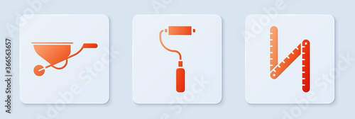 Set Paint roller brush, Wheelbarrow and Folding ruler. White square button. Vector.