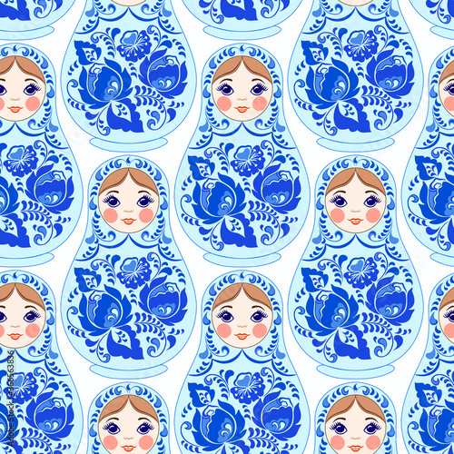 Seamless gzhel pattern with nesting dolls. Traditional russian pattern - art symbol. Classical design and decorating, vector print.