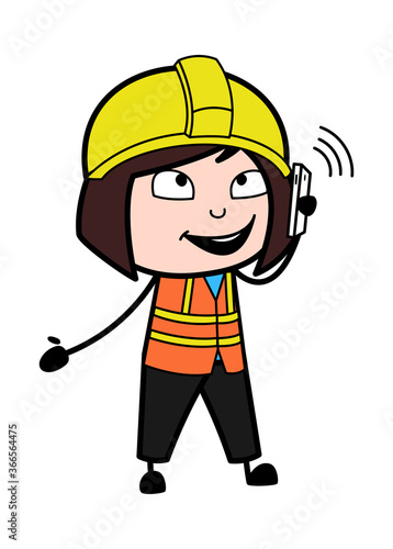 Cartoon Lady Engineer talking on Cell Phone