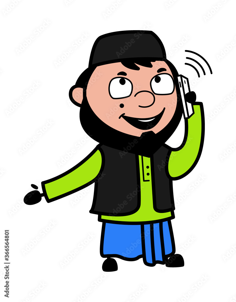 Fototapeta premium Cartoon Muslim Man talking on Cell Phone