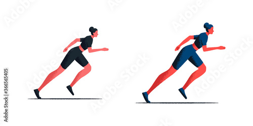 Female athlete starting her sprint on a running track. Two vector illustrations of a sporty girl running in fashionable sportswear. Side view of attractive female runner. Sport and healthy lifestyle