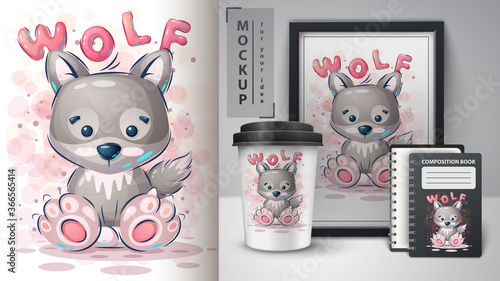 Cute wolf poster and merchandising.
