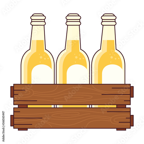 beers set in the wooden box, on white background