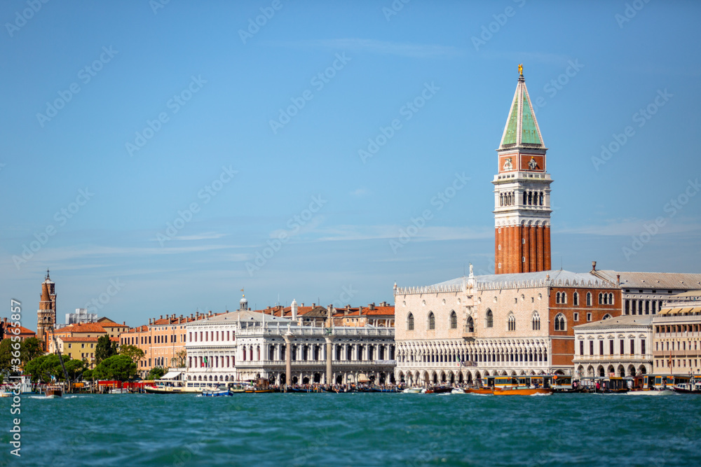 Saint Mark's Square and Bell Tower Views on the Venice Skyline from a boat on the Canal 05