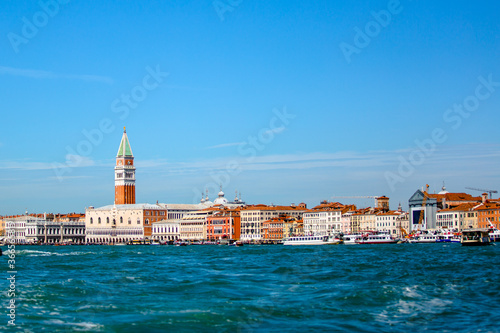 Saint Mark's Square and Bell Tower Views on the Venice Skyline from a boat on the Canal 06