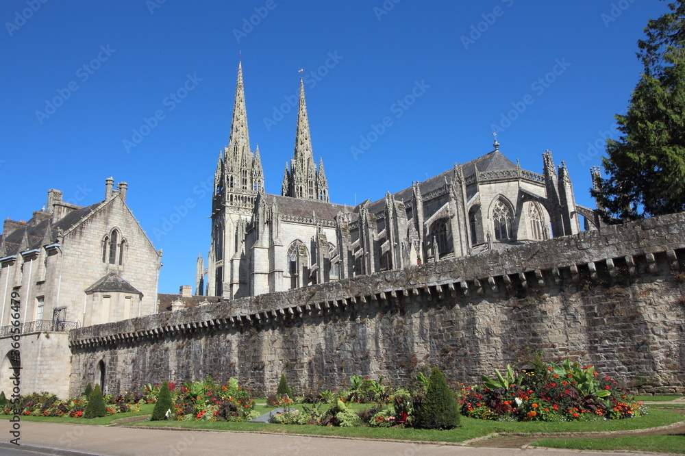 Quimper town in Brittany France. Wall of old town and a beautiful garden near the Cathedral of Saint Corentin. Tourism in France.