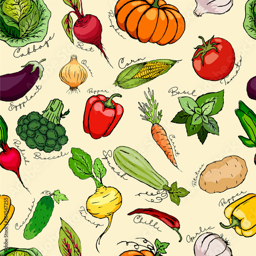 Ripe, fresh vegetables with aromatic herbs on a light background. Food collection.
Seamless illustration. Stock vector.
