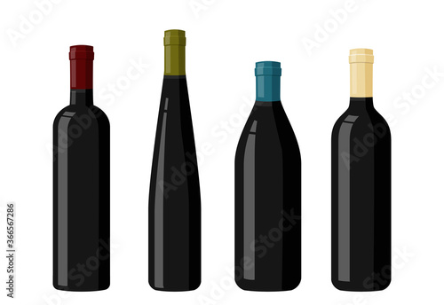 Black glass wine bottles. Realistic vector illustration.