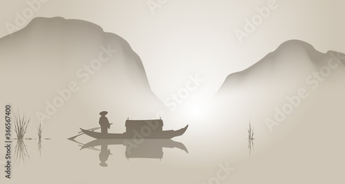 Oriental style landscape, boat and mountains. Vector illustration.