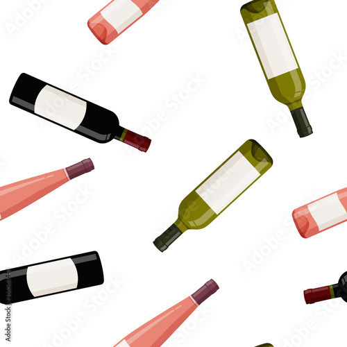 Colorful glass wine bottles with blank labels background. Seamless pattern.