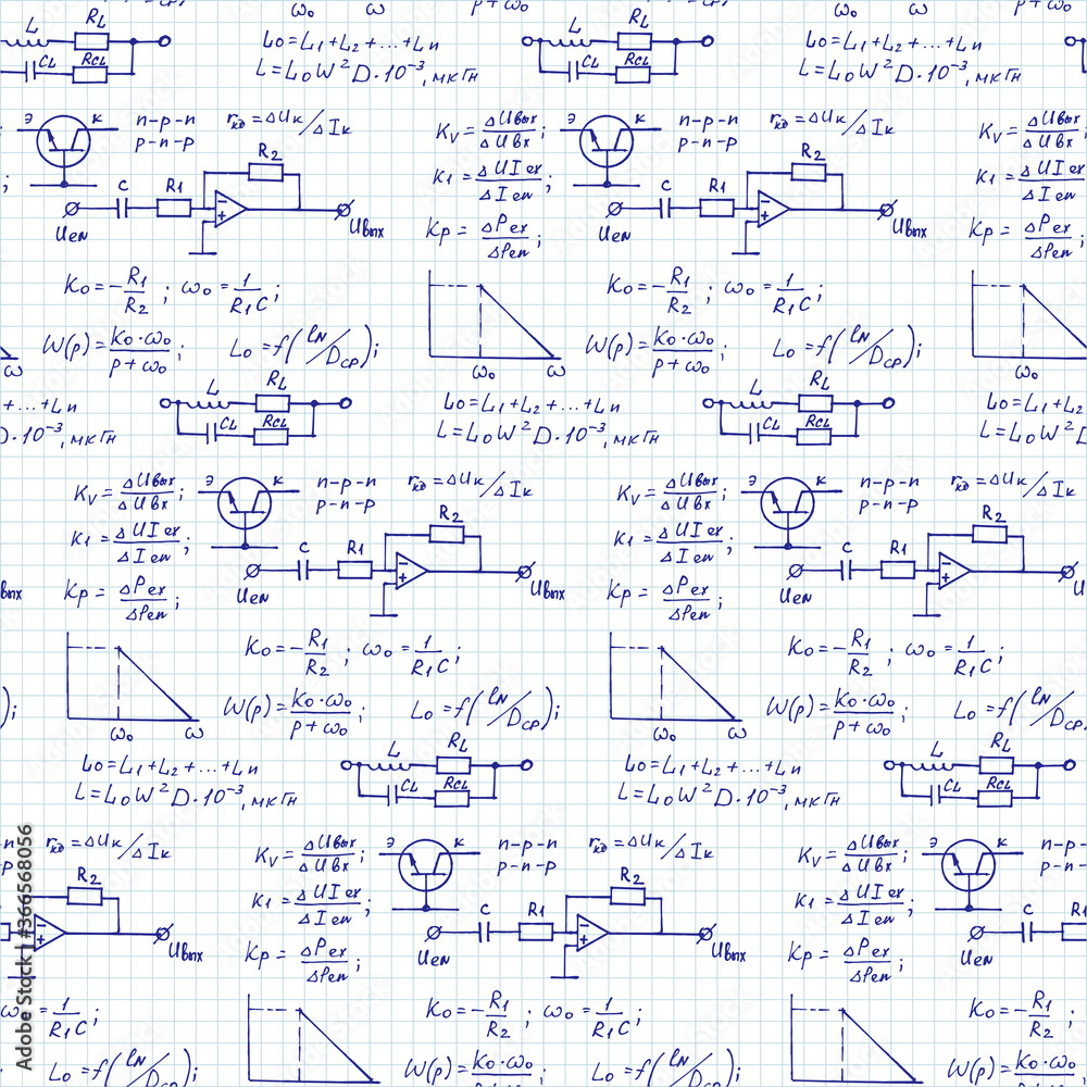 Physics, electronic engineering, mathematics equation and calculations, endless hand writing. Vector scientific and technology seamless pattern on notebook page.