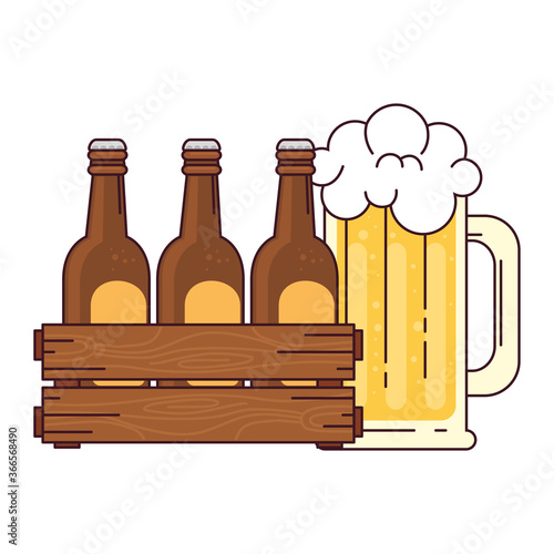 beers set in the wooden box with mug glass beer, on white background
