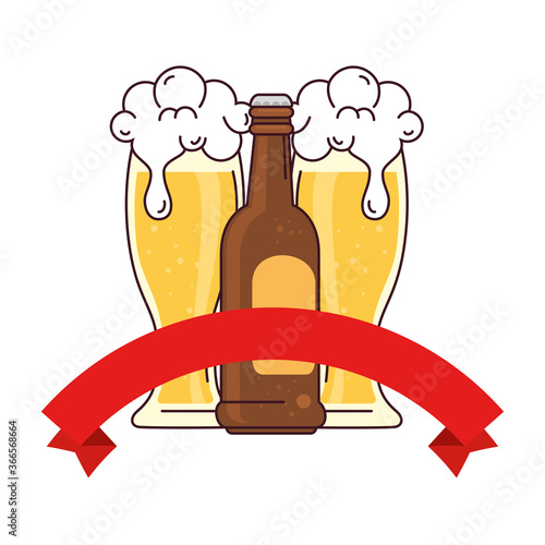 bottle with glasses of beer, with ribbon decoration on white background