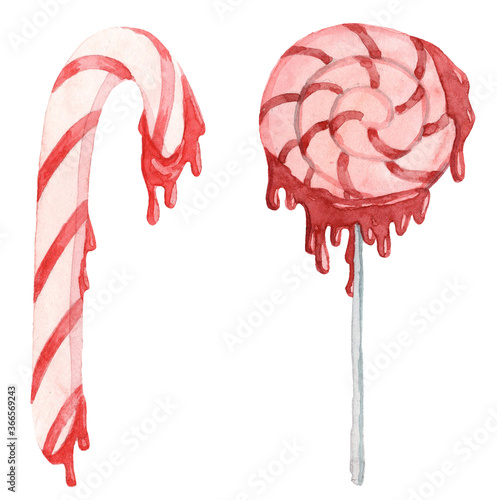Hand painted watercolor lolli pop and candy cane with blood © Daria Doroshchuk