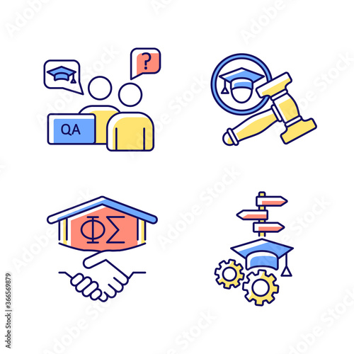 College life RGB color icons set. Academic advisor. University student organization. Student life and activities. Fraternity. Academic support. Making decision. Isolated vector illustrations