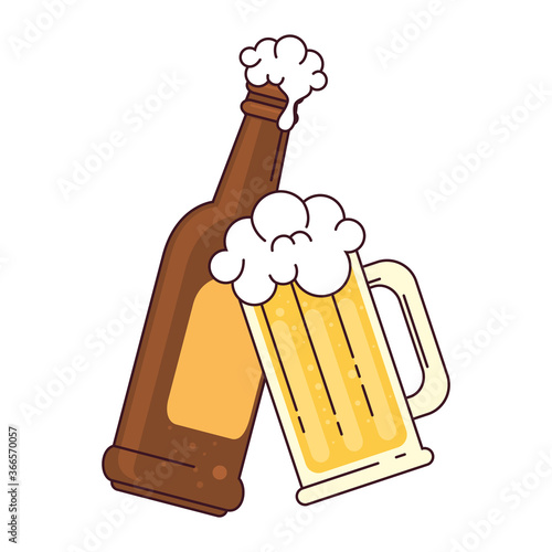 bottle and mug glass of beer on white background