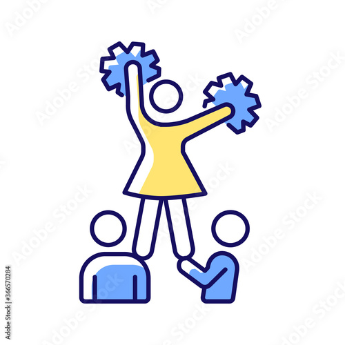 Cheerleading RGB color icon. Cheerleaders doing stunts. University life and activities. Championship. Sport teams encouragement and motivation. Competition. Isolated vector illustration