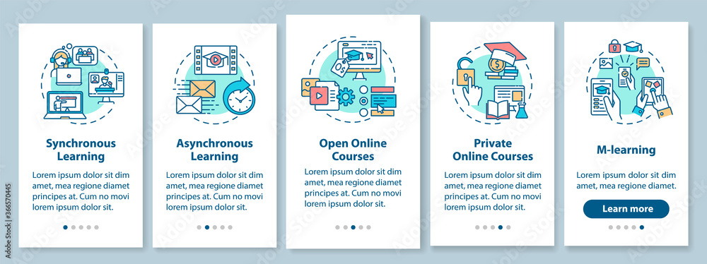 Distance learning types onboarding mobile app page screen with concepts. Open online courses. Remote education walkthrough 5 steps graphic instructions. UI vector template with RGB color illustrations