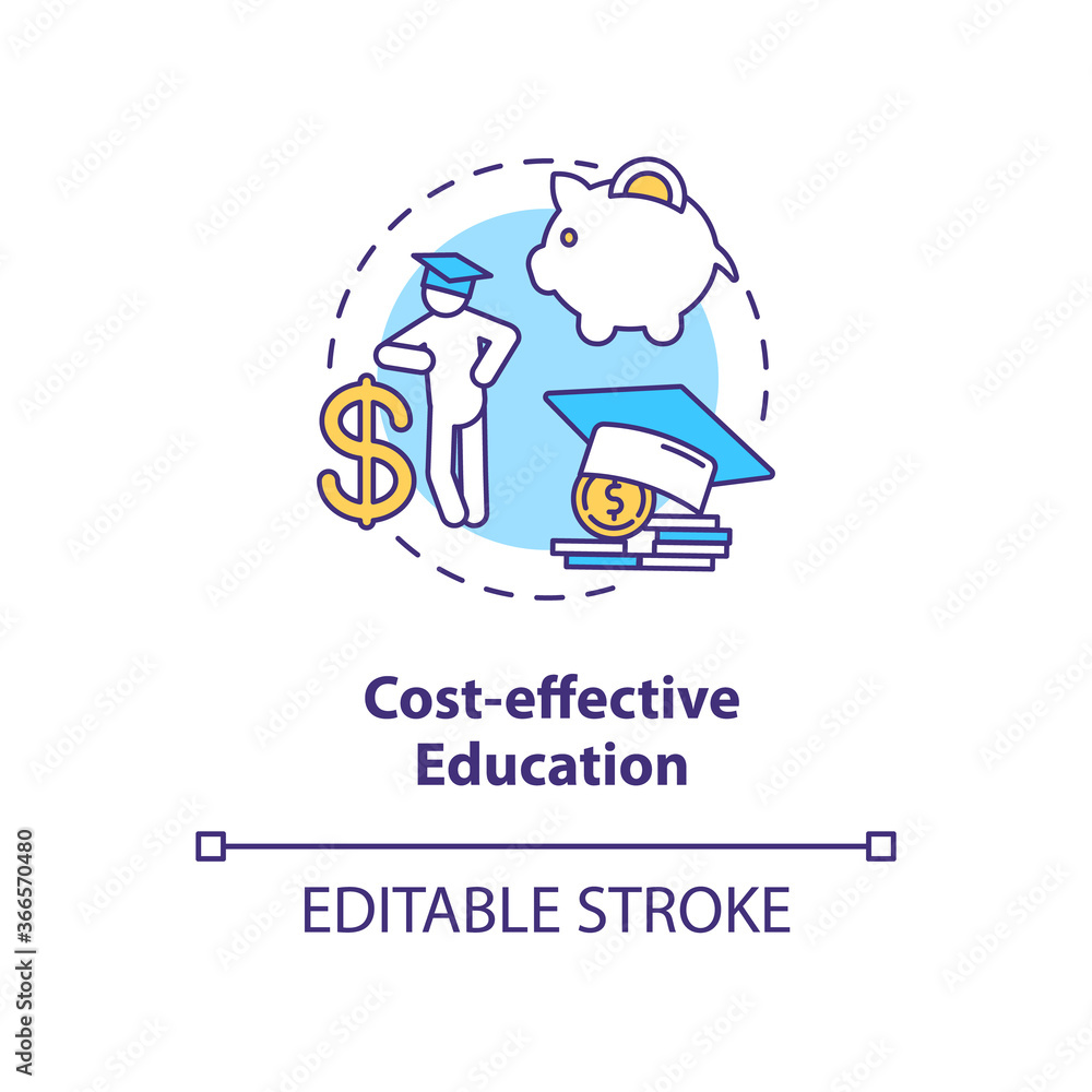 Cost effective education concept icon. Distance learning. Educational payment. Scholarship. Tuition fees idea thin line illustration. Vector isolated outline RGB color drawing. Editable stroke Cost effective education concept icon. Distance learning. Educational payment. Scholarship. Tuition fees idea thin line illustration. Vector isolated outline RGB color drawing. Editable stroke